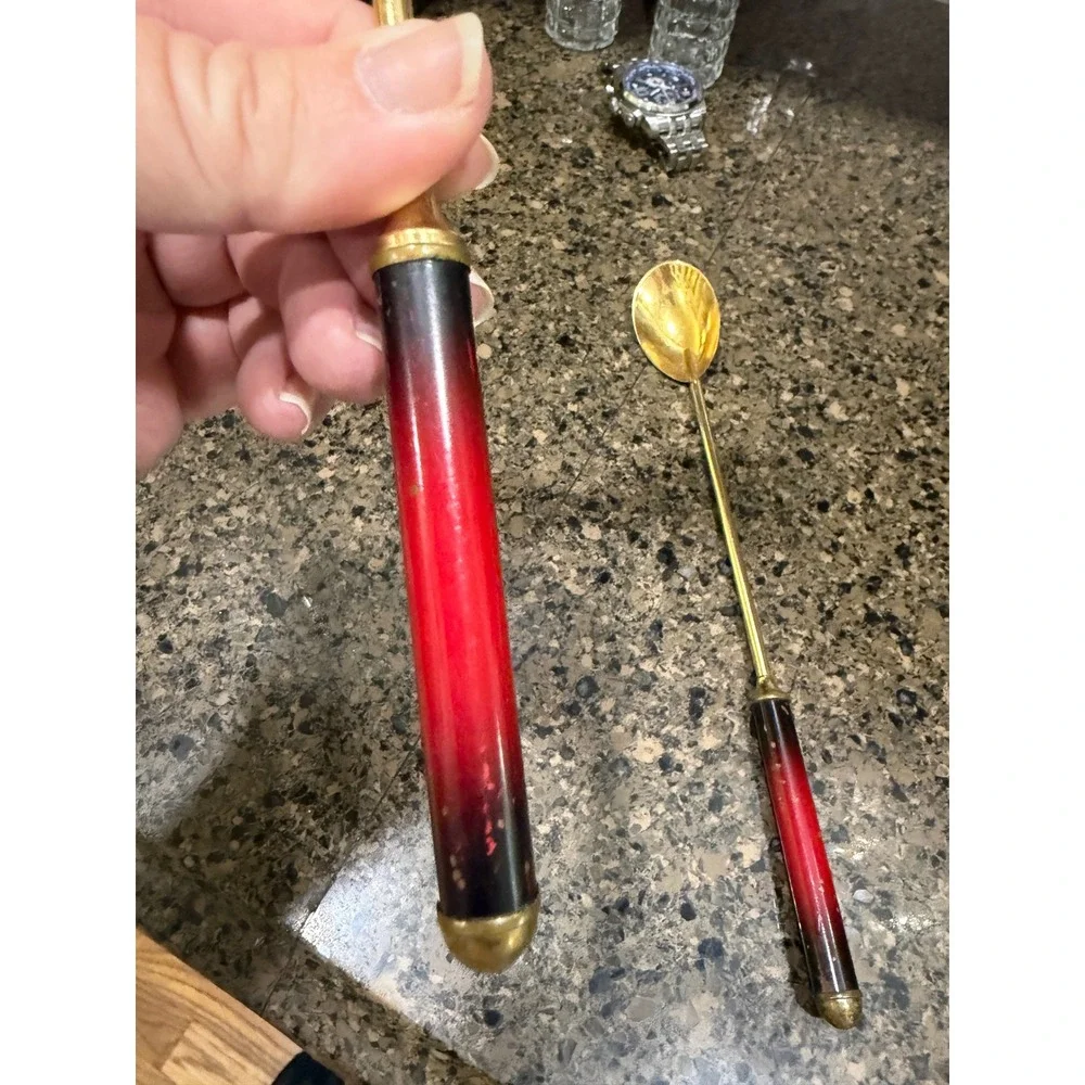 Vintage MCM Gold Tone Barware Set Jigger and Mixing Spoon Red‎ Ombre Handles